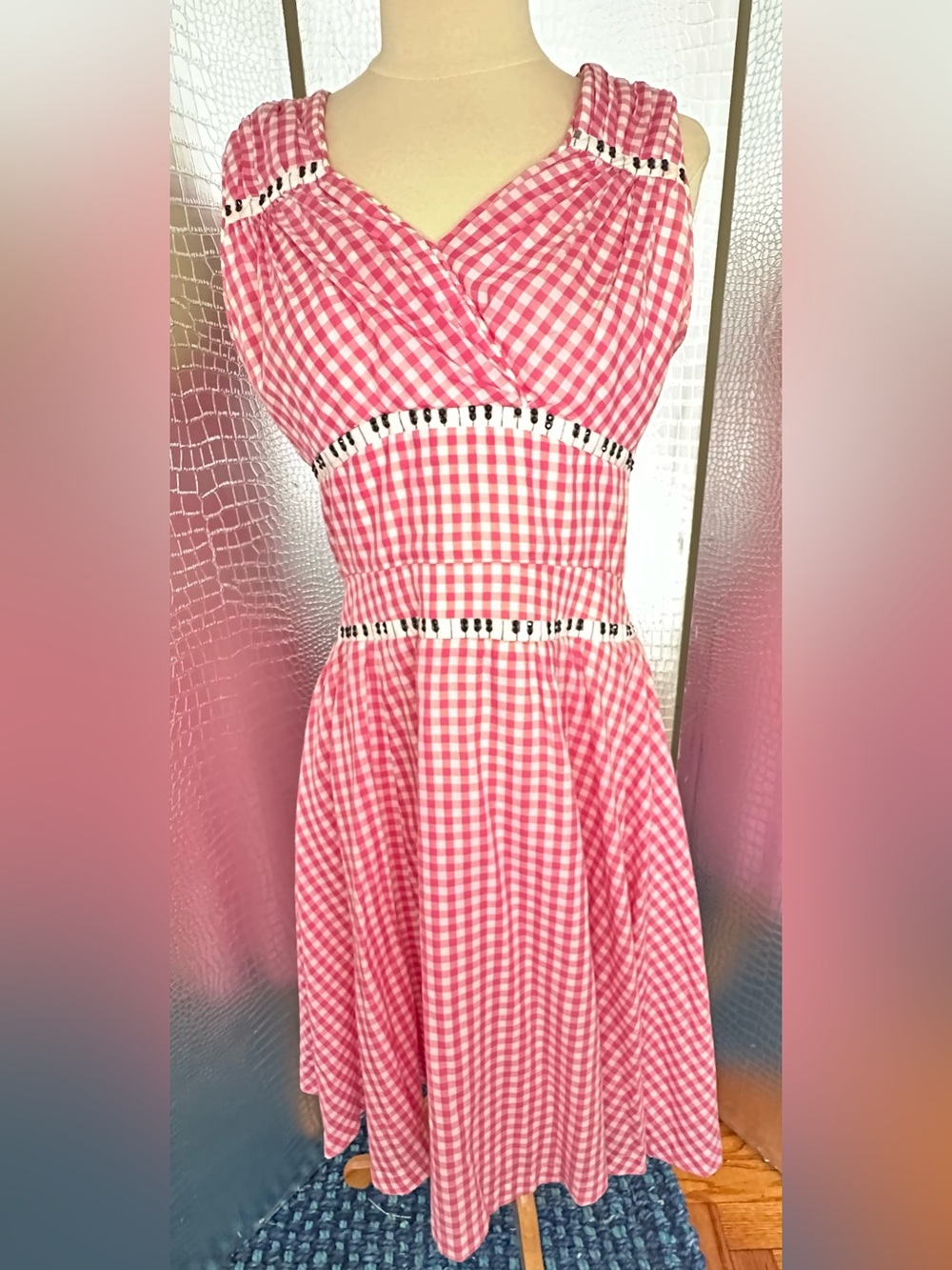 John Kristiansen Pink Gingham Plaid Smocked Costume Dress With Piano Keys Accent